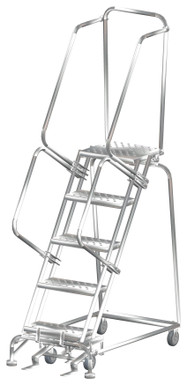 Stainless Steel Ladders, 5 Step, 24 In Wide Base, 14 in Deep Top Step, Perforated Tread