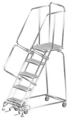 Stainless Steel Ladders, 5 Step, 24 In Wide Base, 21 in Deep Top Step, Serrated Tread