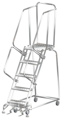 Stainless Steel Ladders, 5 Step, 24 In Wide Base, 21 in Deep Top Step, Perforated Tread