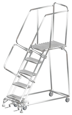 Stainless Steel Ladders, 5 Step, 24 In Wide Base, 28 in Deep Top Step, Serrated Tread, Setup