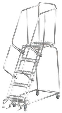 Stainless Steel Ladders, 5 Step, 24 In Wide Base, 28 in Deep Top Step, Perforated Tread