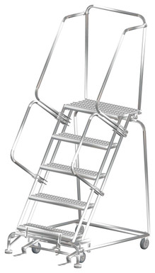 Stainless Steel Ladders, 5 Step, 32 In Wide Base, 14 in Deep Top Step, Serrated Tread, Setup