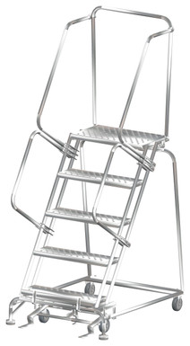 Stainless Steel Ladders, 5 Step, 32 In Wide Base, 14 in Deep Top Step, Perforated Tread