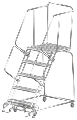 Stainless Steel Ladders, 5 Step, 32 In Wide Base, 21 in Deep Top Step, Serrated Tread, Setup