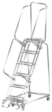 Stainless Steel Ladders, 6 Step, 24" Wide Base, 14" Deep Top Step, Serrated Tread