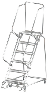 Stainless Steel Ladders, 6 Step, 32 In Wide Base, 14 in Deep Top Step, Perforated Tread