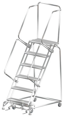 Stainless Steel Ladders, 6 Step, 32 In Wide Base, 14 in Deep Top Step, Serrated Tread, Setup