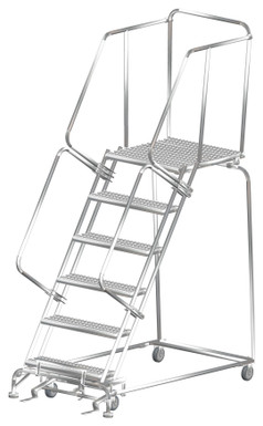 Stainless Steel Ladders, 6 Step, 32 In Wide Base, 28 in Deep Top Step, Serrated Tread