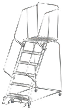 Stainless Steel Ladders, 6 Step, 32 In Wide Base, 28 in Deep Top Step, Perforated Tread