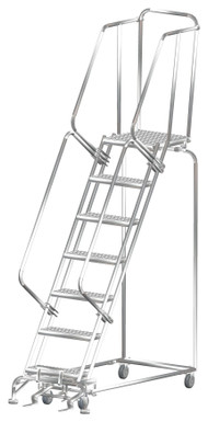 Stainless Steel Ladders, 7 Step, 24" Wide Base, 21" Deep Top Step, Serrated Tread