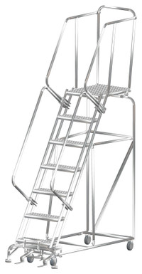 Stainless Steel Ladders, 7 Step, 24" Wide Base, 28" Deep Top Step, Serrated Tread