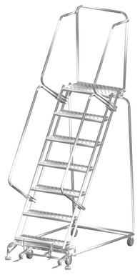 Stainless Steel Ladders, 7 Step, 32 In Wide Base, 14 in Deep Top Step, Perforated Tread, Setup