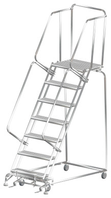 Stainless Steel Ladders, 7 Step, 32 In Wide Base, 21 in Deep Top Step, Serrated Tread, Setup