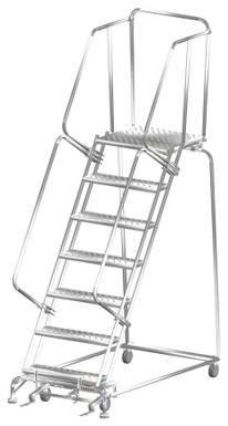 Stainless Steel Ladders, 7 Step, 32 In Wide Base, 28 in Deep Top Step, Serrated Tread, Setup