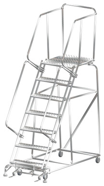 Stainless Steel Ladders, 7 Step, 32 In Wide Base, 28 in Deep Top Step, Perforated Tread