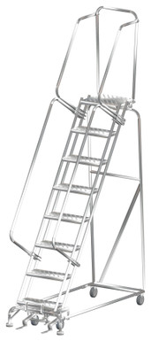 Stainless Steel Ladders, 8 Step, 24 In Wide Base, 14 in Deep Top Step, Serrated Tread
