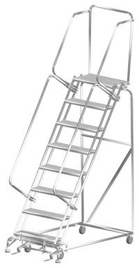 Stainless Steel Ladders, 8 Step, 32 In Wide Base, 14 in Deep Top Step, Serrated Tread