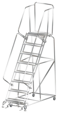 Stainless Steel Ladders, 8 Step, 32 In Wide Base, 21 in Deep Top Step, Perforated Tread