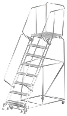 Stainless Steel Ladders, 8 Step, 32 In Wide Base, 28 in Deep Top Step, Serrated Tread, Setup