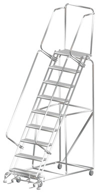 Stainless Steel Ladders, 9 Step, 32 In Wide Base, 14 in Deep Top Step, Serrated Tread