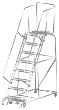 Stainless Steel Ladders, 8 Step, 32 In Wide Base, 28 in Deep Top Step, Perforated Tread