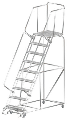 Stainless Steel Ladders, 9 Step, 32 In Wide Base, 28 in Deep Top Step, Serrated Tread