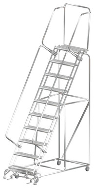 Stainless Steel Ladders, 10 Step, 32 In Wide Base, 14 in Deep Top Step, Serrated Tread