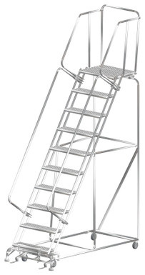 Stainless Steel Ladders, 10 Step, 32 In Wide Base, 21 in Deep Top Step, Serrated Tread