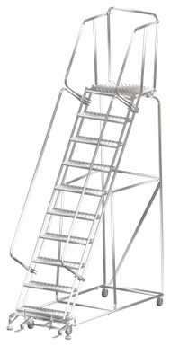 Stainless Steel Ladders, 10 Step, 32 In Wide Base, 21 in Deep Top Step, Perforated Tread