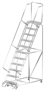Stainless Steel Ladders, 11 Step, 32 In Wide Base, 14 in Deep Top Step, Serrated Tread
