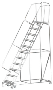 Stainless Steel Ladders, 11 Step, 32 In Wide Base, 21 in Deep Top Step, Serrated Tread
