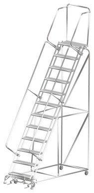 Stainless Steel Ladders, 12 Step, 32 In Wide Base, 14 in Deep Top Step, Serrated Tread