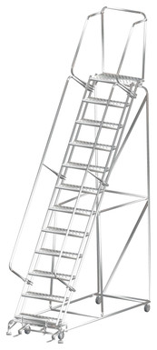 Stainless Steel Ladders, 12 Step, 32 In Wide Base, 14 in Deep Top Step, Perforated Tread