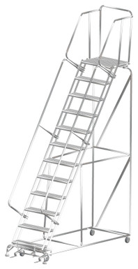 Stainless Steel Ladders, 12 Step, 32 In Wide Base, 21 in Deep Top Step, Serrated Tread, Setup