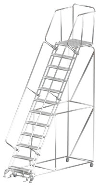 Stainless Steel Ladders, 12 Step, 32 In Wide Base, 28 in Deep Top Step, Serrated Tread