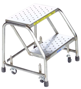 Stainless Steel Ladders, 2 Step, 30" Wide Base, 10" Deep Top Step, No Rails Perforated Tread