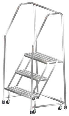 Stainless Steel Ladders, 3 Step, 30" Wide Base, 10" Deep Top Step, Serrated Tread