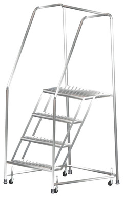 Stainless Steel Ladders, 4 Step, 30" Wide Base, 14" Deep Top Step, Perforated Tread