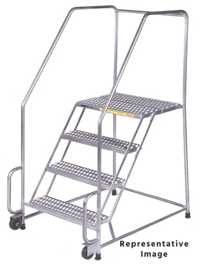 Stainles Steel Tilt and Role Ladder, 3 Step, 30" Wide Base, 10" Deep Top Step, Perforated Tread