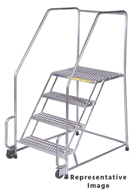 Stainles Steel Tilt and Role Ladder, 4 Step, 30" Wide Base, 21" Deep Top Step, Serrated Tread, Setup