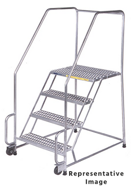 Stainles Steel Tilt and Role Ladder, 4 Step, 30" Wide Base, 21" Deep Top Step, Serrated Tread
