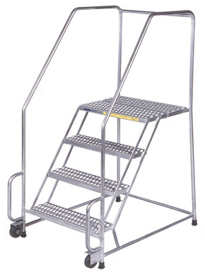 Stainles Steel Tilt and Role Ladder, 6 Step, 24" Wide Base, 14" Deep Top Step, Perforated, Setup