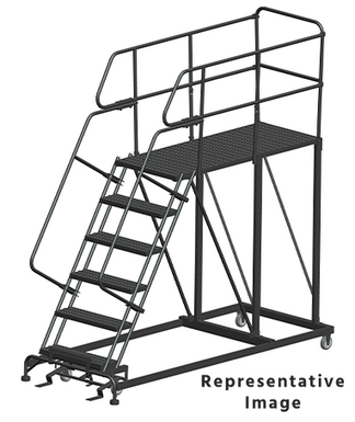 50 Degree Single Entry Platforms - With Handrails, 50° Incline, 6 Step, 38 In Wide Base, 72 in Deep Top Step, Serrated Tread