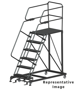 50 Degree Single Entry Platforms - With Handrails, 50° Incline, 6 Step, 38 In Wide Base, 36 in Deep Top Step, Serrated Tread