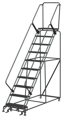 50 Degree Slope Walk Down Ladders, 10 Step, 32 In Wide Base, 14 in Deep Top Step, Perforated Tread, Setup