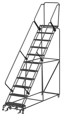 50 Degree Slope Walk Down Ladders, 11 Step, 32 In Wide Base, 14 in Deep Top Step, Expanded Metal Tread, Setup