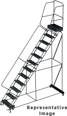 50 Degree Slope Walk Down Ladders, 12 Step, 32 In Wide Base, 14 in Deep Top Step, Abrasive Mat Tread