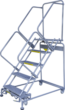 50 Degree Slope Walk Down Ladders, 5 Step, 32 In Wide Base, 14 in Deep Top Step, Serrated Tread, Setup