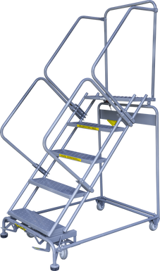50 Degree Slope Walk Down Ladders, 5 Step, 32 In Wide Base, 14 in Deep Top Step, Serrated Tread, Setup