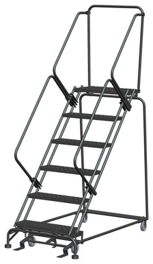 50 Degree Slope Walk Down Ladders, 6 Step, 32 In Wide Base, 14 in Deep Top Step, Perforated Tread, Setup
